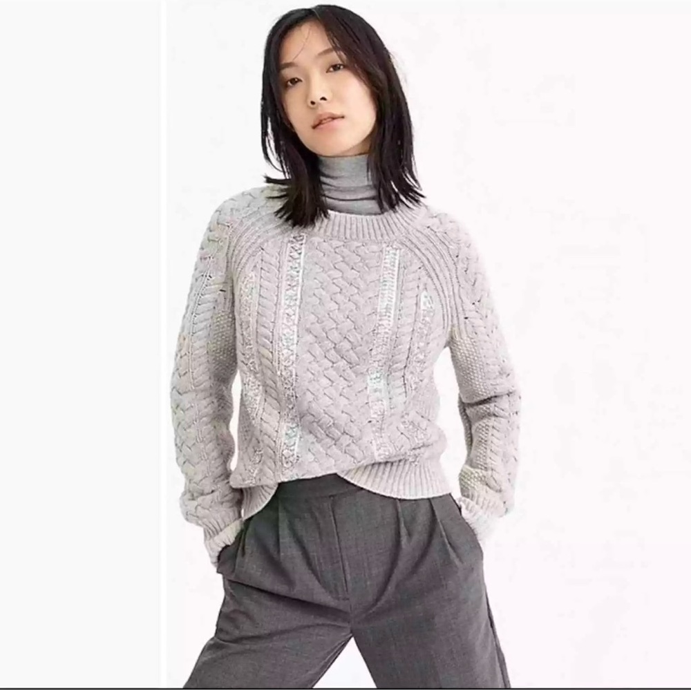 Jâ Crew Cable-Knit Sequin Sweater Size Small S Gray Crew Neck Merino Wool Blend